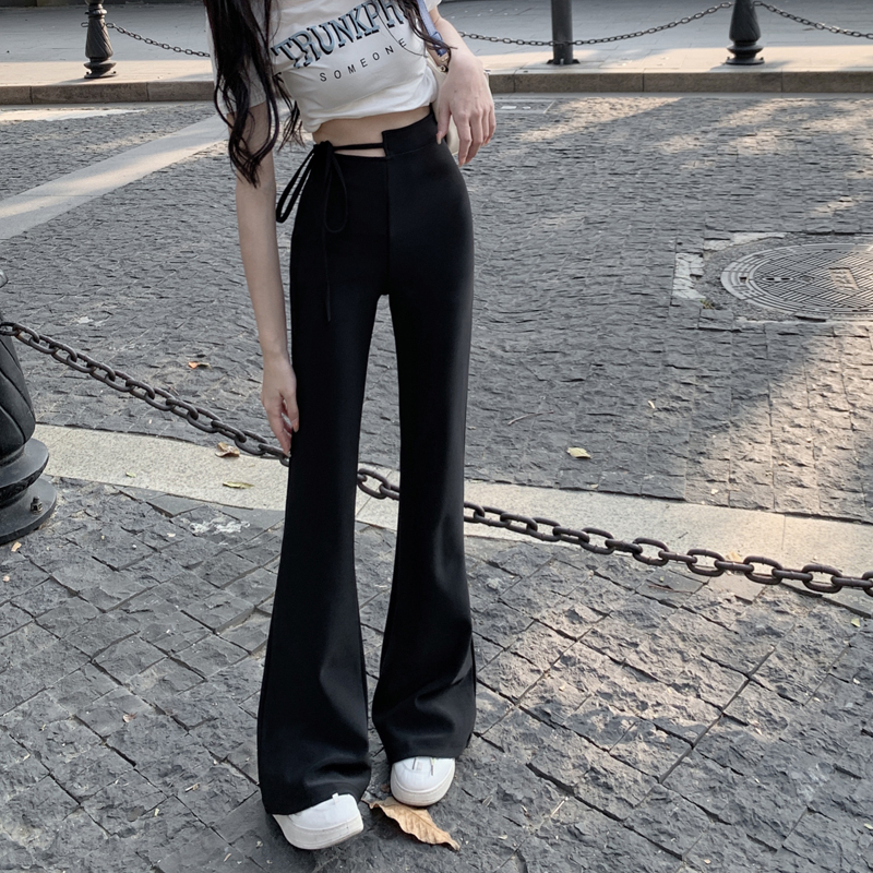 ZHELIHANGFEI Quần Dài Ôm Dáng Có Dây Cột Màu Đen Phong Cách Hong Kong Cổ Điển Cho Nữ