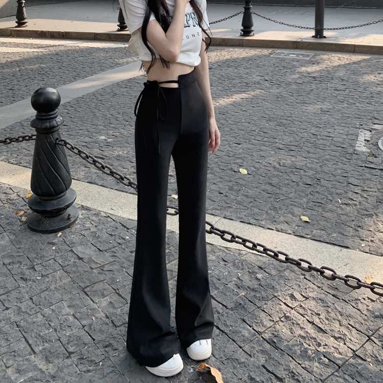 ZHELIHANGFEI Quần Dài Ôm Dáng Có Dây Cột Màu Đen Phong Cách Hong Kong Cổ Điển Cho Nữ