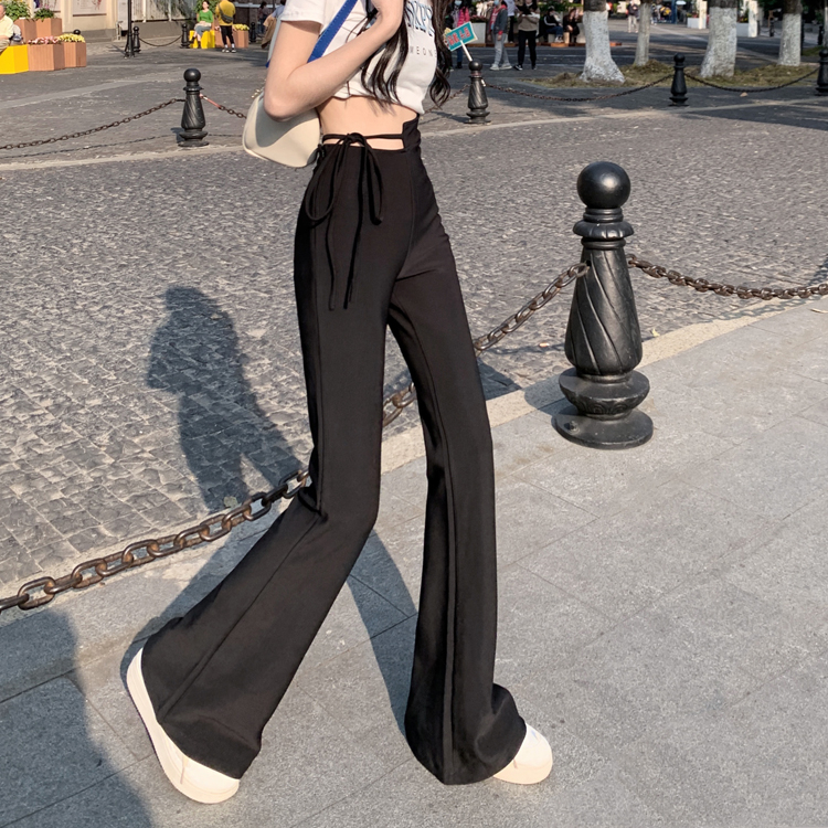 ZHELIHANGFEI Quần Dài Ôm Dáng Có Dây Cột Màu Đen Phong Cách Hong Kong Cổ Điển Cho Nữ