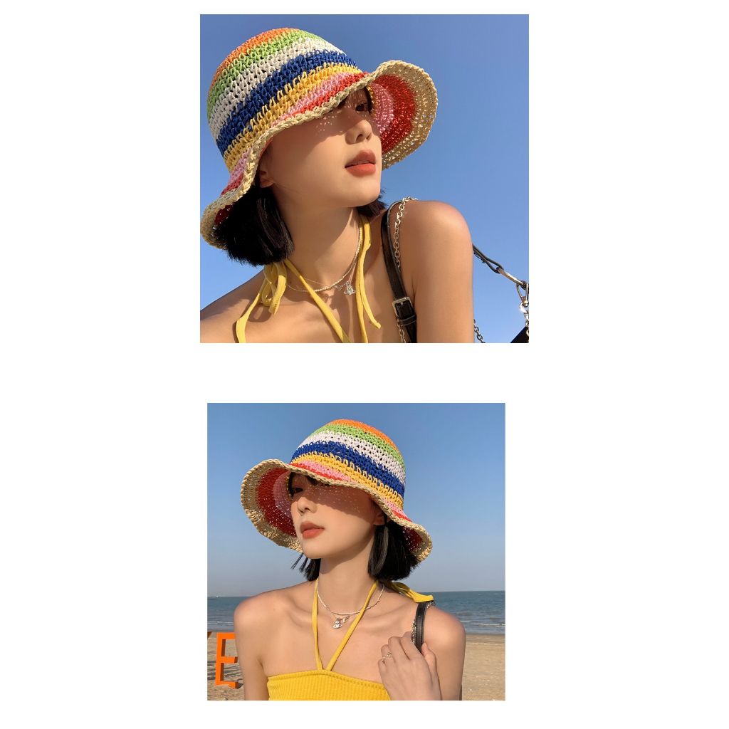 Nón Tai Bèo Đan Cói Màu Cầu Vồng Thoáng Khí Thời Trang Mùa Hè Hàn Quốc Dành Cho Nữ
