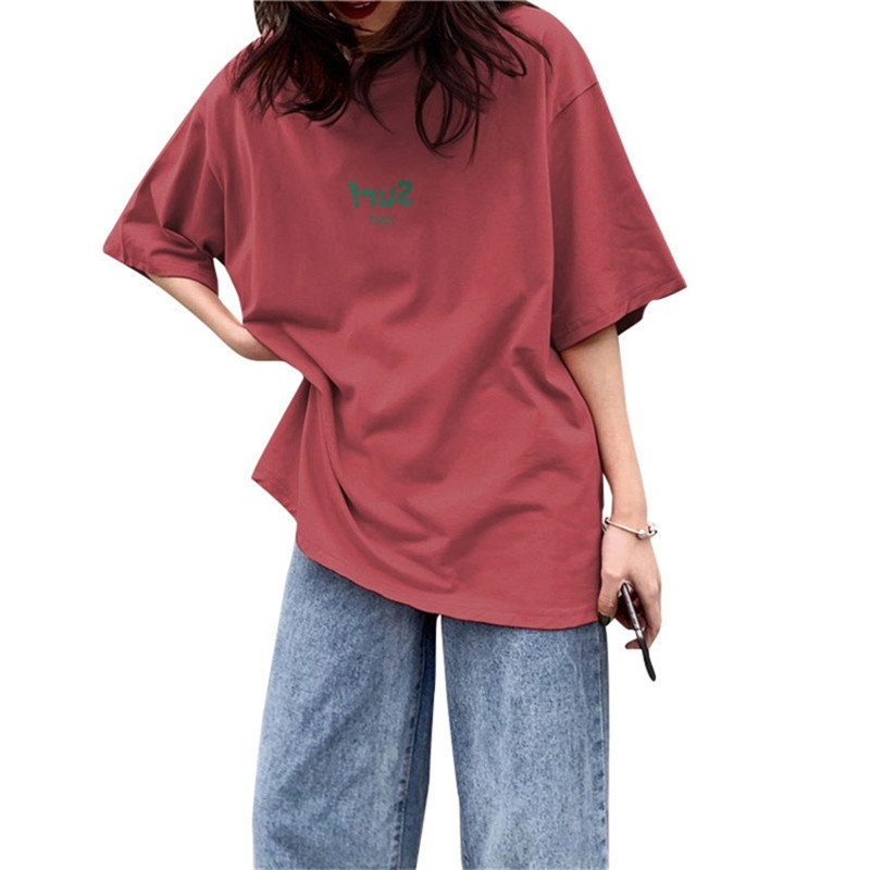 Áo Thun Nữ Ngắn Tay Cổ Tròn Thêu Hình Phong Cách Hàn Quốc Mới