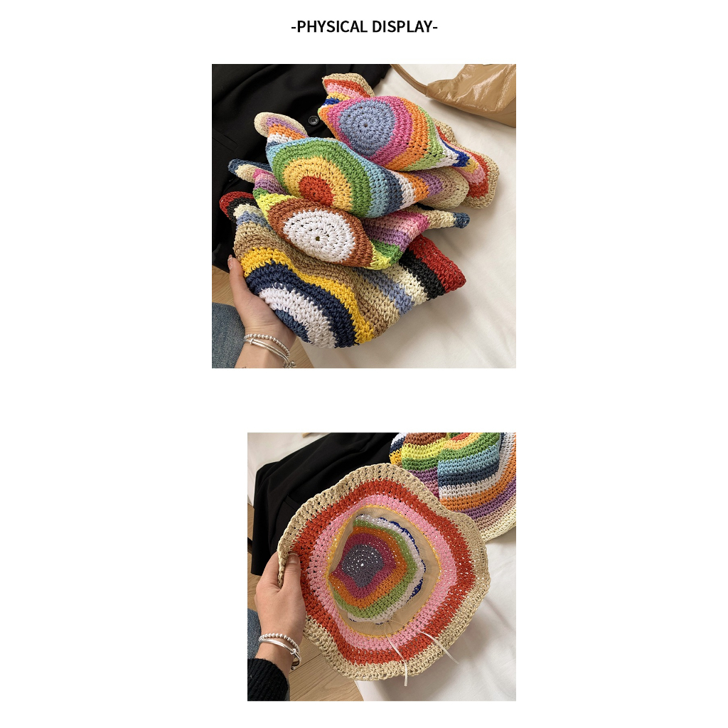 Nón Tai Bèo Đan Cói Màu Cầu Vồng Thoáng Khí Thời Trang Mùa Hè Hàn Quốc Dành Cho Nữ