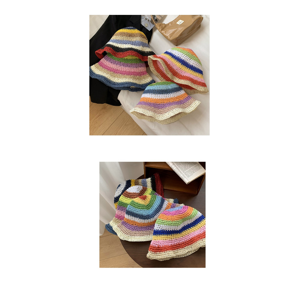 Nón Tai Bèo Đan Cói Màu Cầu Vồng Thoáng Khí Thời Trang Mùa Hè Hàn Quốc Dành Cho Nữ