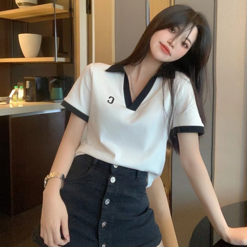 Áo polo Tay Ngắn Dáng Rộng Cổ Chữ V Thời Trang Hàn Quốc Cho Nữ