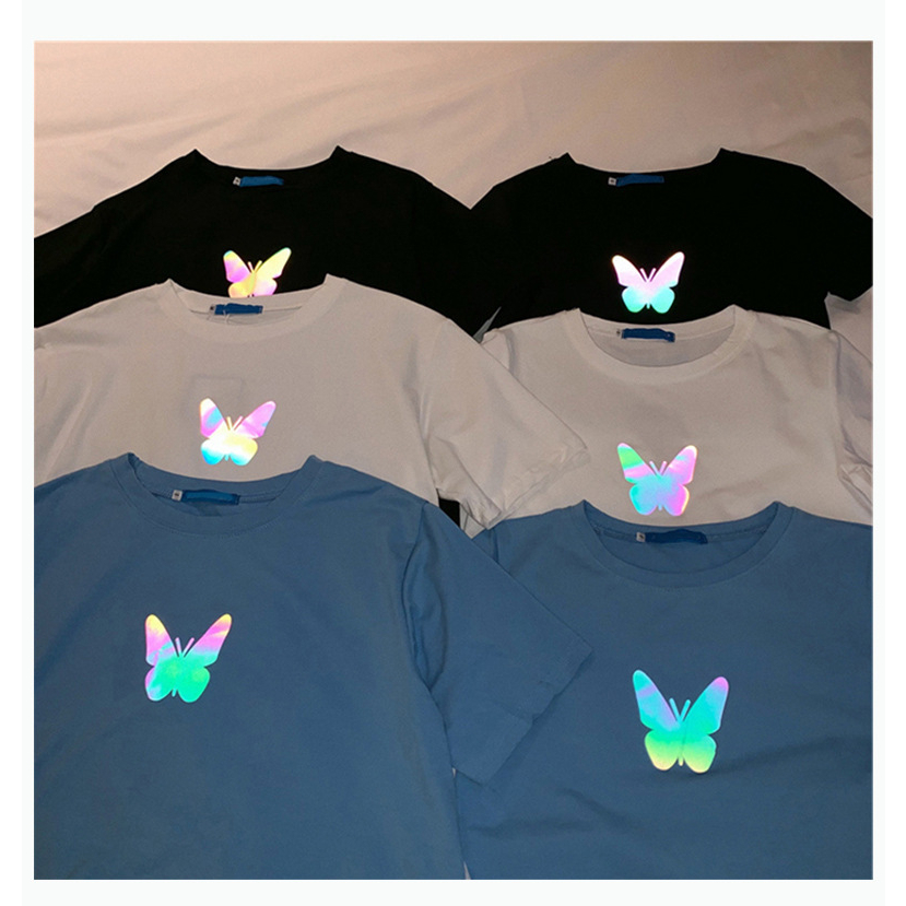 Áo Thun Ngắn Tay Cổ Tròn Dáng Rộng In Hình Bướm Phản Quang Thời Trang Mùa Hè Cho Nữ