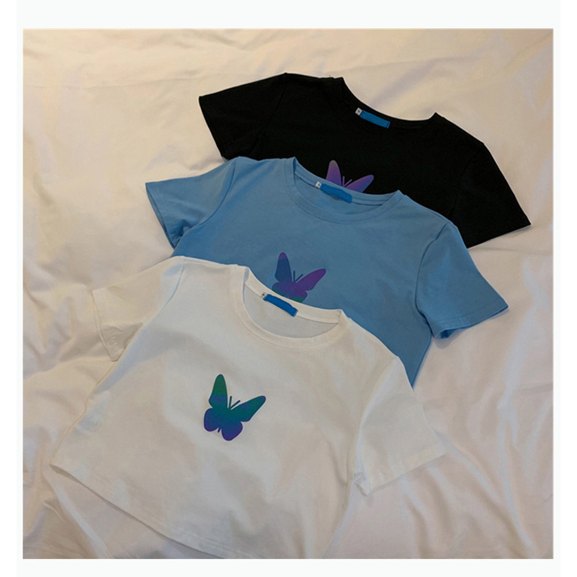 Áo Thun Ngắn Tay Cổ Tròn Dáng Rộng In Hình Bướm Phản Quang Thời Trang Mùa Hè Cho Nữ