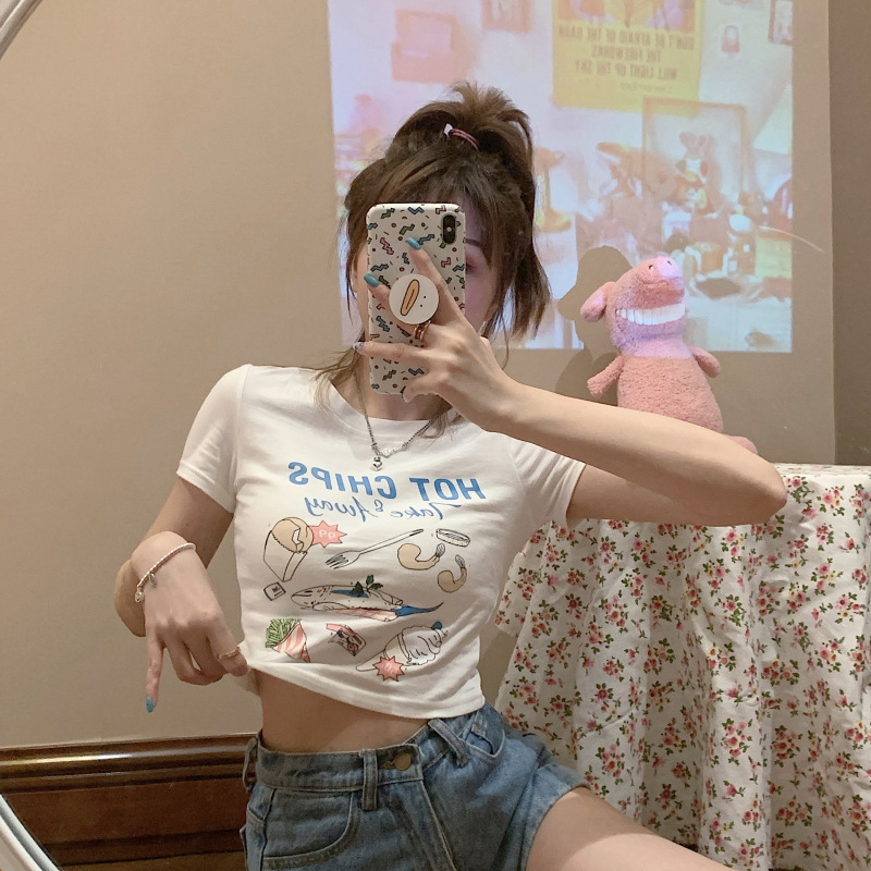 Áo Thun Ngắn Tay Cổ Tròn In Họa Tiết Thời Trang Mùa Hè Hàn Quốc Cho Nữ