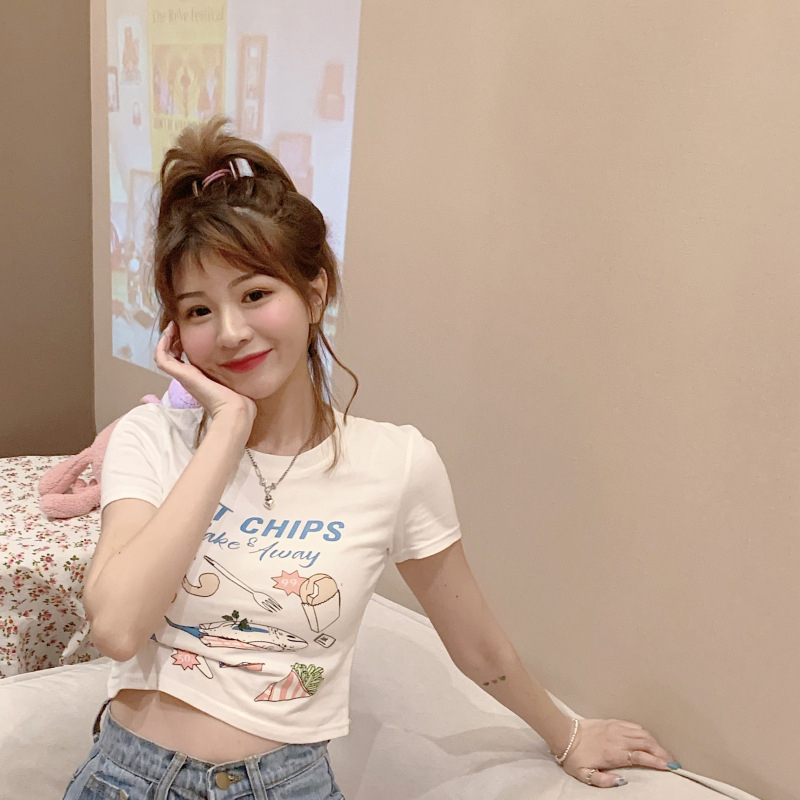 Áo Thun Ngắn Tay Cổ Tròn In Họa Tiết Thời Trang Mùa Hè Hàn Quốc Cho Nữ