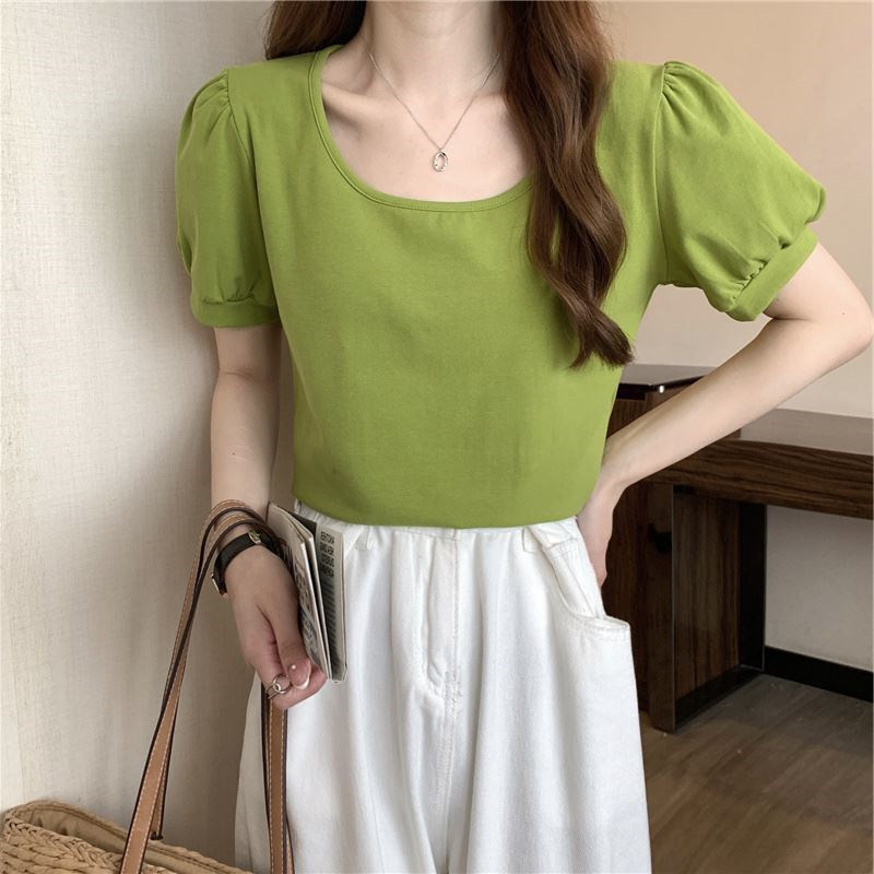 Áo Thun Tay Ngắn Cổ Vuông Dáng Rộng Đơn Giản Thời Trang Hàn Quốc