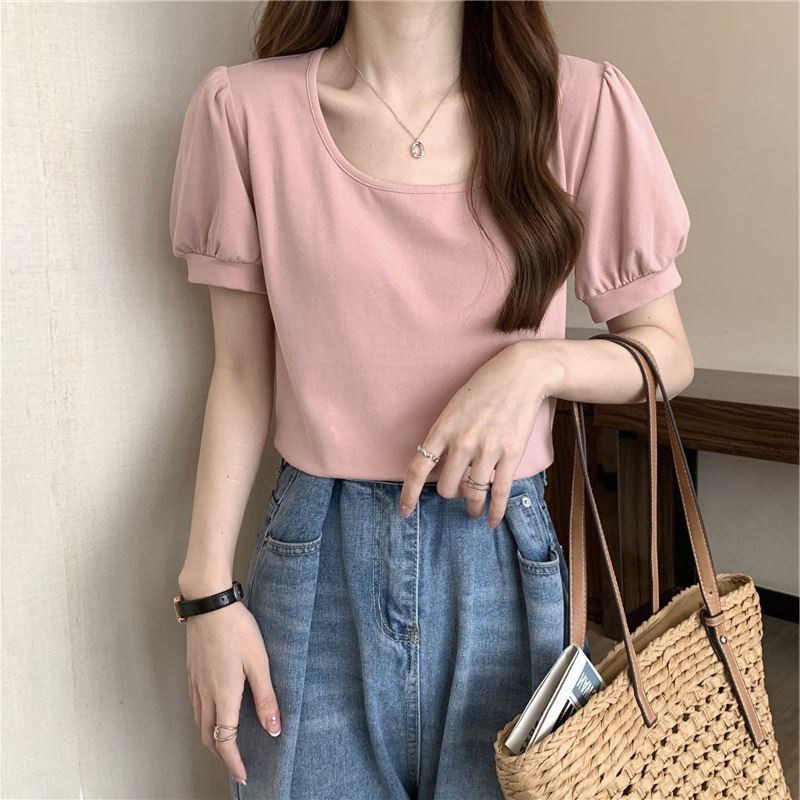 Áo Thun Tay Ngắn Cổ Vuông Dáng Rộng Đơn Giản Thời Trang Hàn Quốc