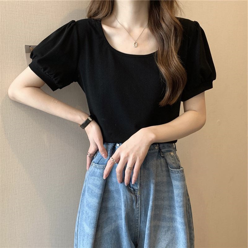 Áo Thun Tay Ngắn Cổ Vuông Dáng Rộng Đơn Giản Thời Trang Hàn Quốc