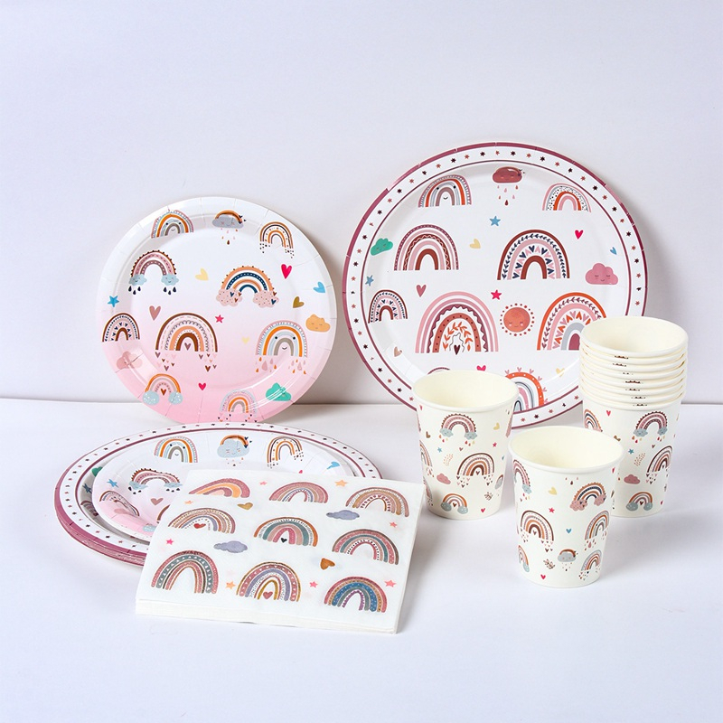 Bộ Cốc / Đĩa Giấy Dùng Một Lần Họa Tiết Cầu Vồng Phong Cách Boho Độc Đáo Trang Trí Tiệc Sinh Nhật / Đám Cưới