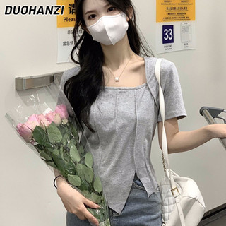 DUOHANZI   Áo Thun Dáng Ôm Xẻ Tà Bên Hông Màu Trơn Phong Cách Hàn Quốc Bán Chạy Dành Cho Bạn Gái