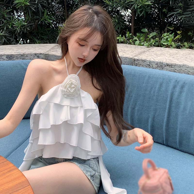 Áo Voan Hai Dây Hở Lưng Phối Bèo In Họa Tiết Hoa Quyến Rũ Dành Cho Nữ