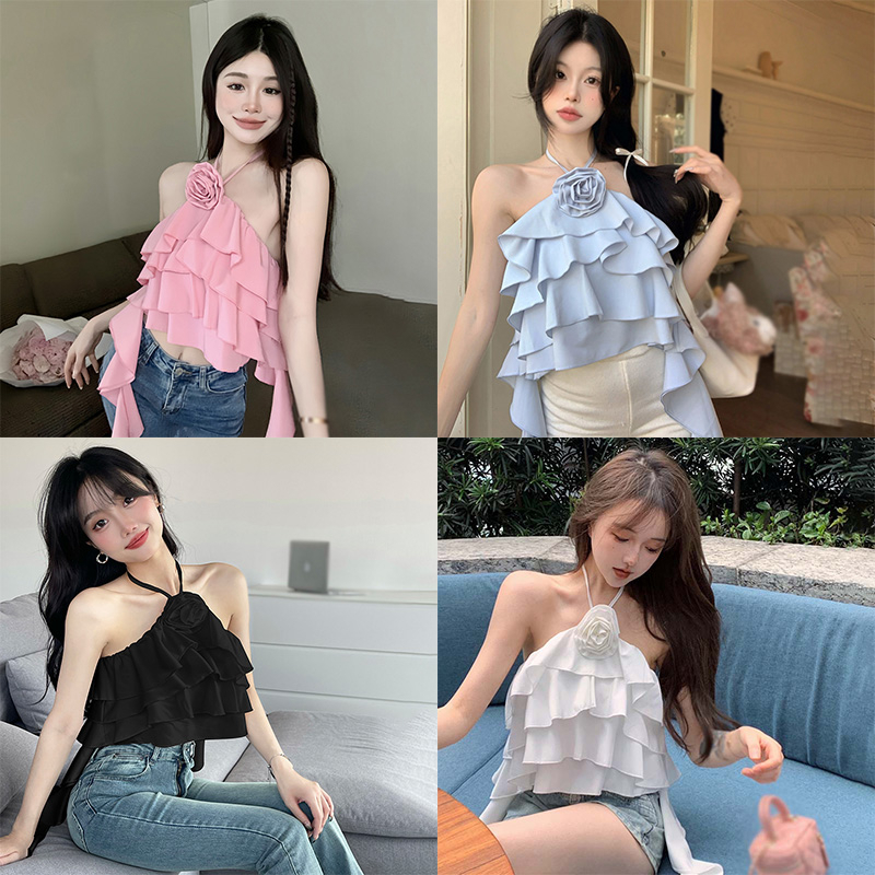 Áo Voan Hai Dây Hở Lưng Phối Bèo In Họa Tiết Hoa Quyến Rũ Dành Cho Nữ