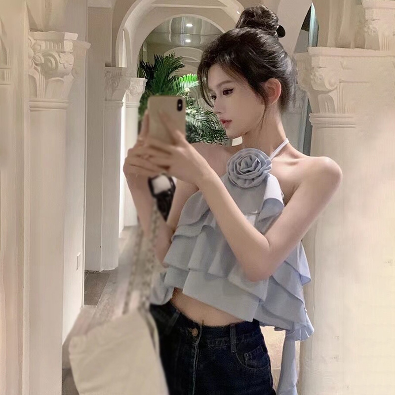 Áo Voan Hai Dây Hở Lưng Phối Bèo In Họa Tiết Hoa Quyến Rũ Dành Cho Nữ