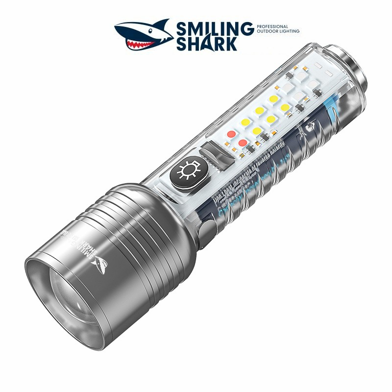【4500LM】SMILING SHARK SD5213 Đèn pin mini Led siêu sáng M77 cảnh báo đỏ xanh Type C Nam châm zoom có