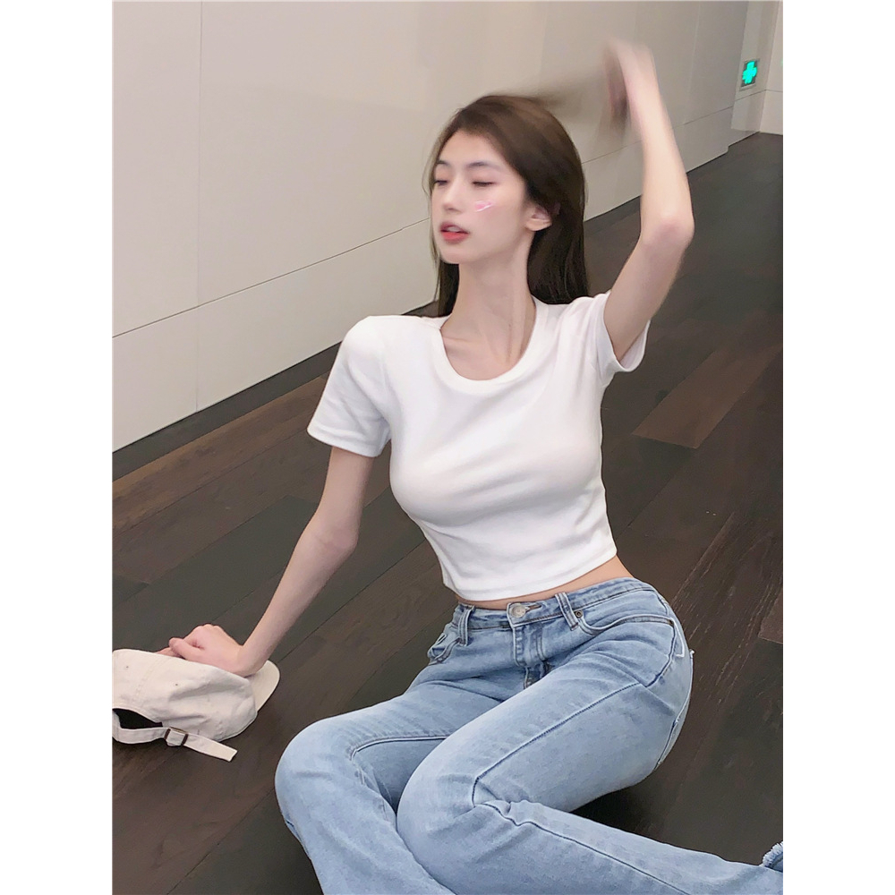 Áo Thun Ngắn Tay Cổ Tròn Thời Trang Hàn Quốc Gợi Cảm Cho Nữ