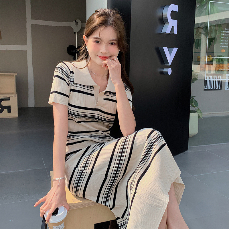 DIDIKA Đầm maxi dệt kim tay ngắn cổ polo họa tiết kẻ sọc thời trang mùa hè phong cách Hàn Quốc cho nữ
