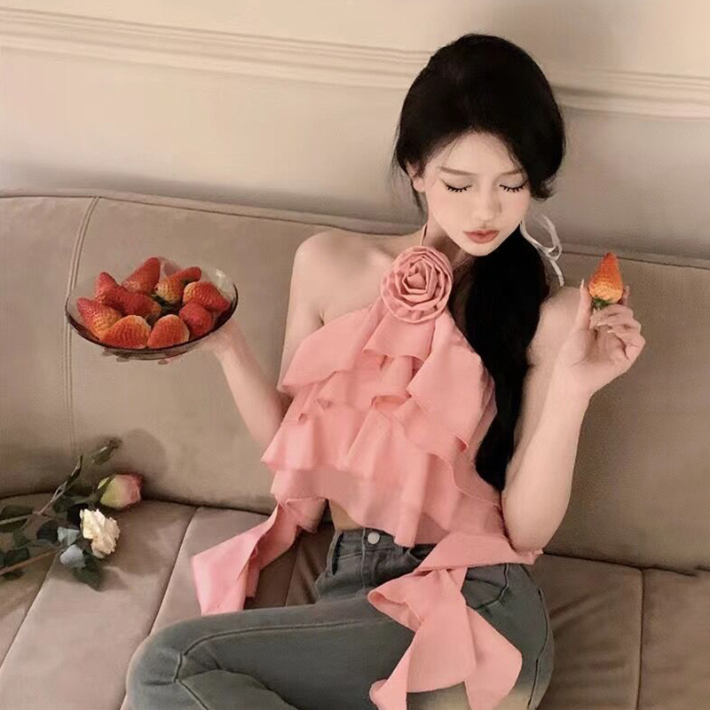 Áo Voan Hai Dây Hở Lưng Phối Bèo In Họa Tiết Hoa Quyến Rũ Dành Cho Nữ