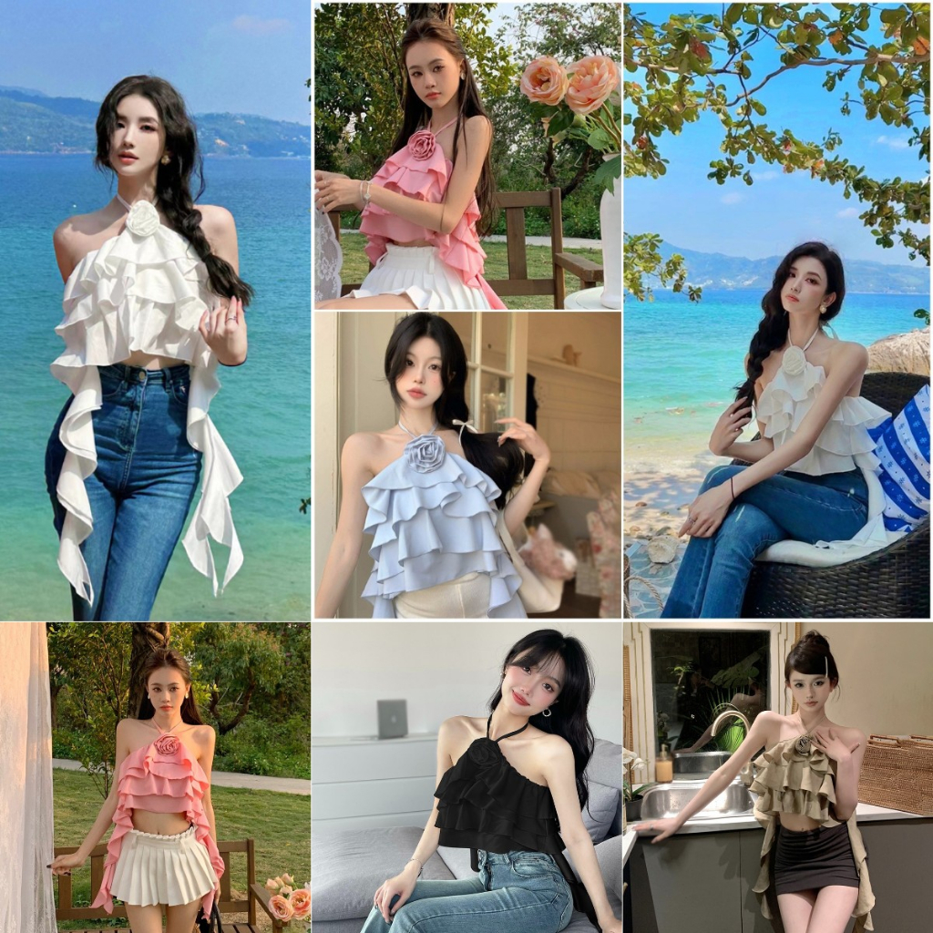 Áo Voan Hai Dây Hở Lưng Phối Bèo In Họa Tiết Hoa Quyến Rũ Dành Cho Nữ