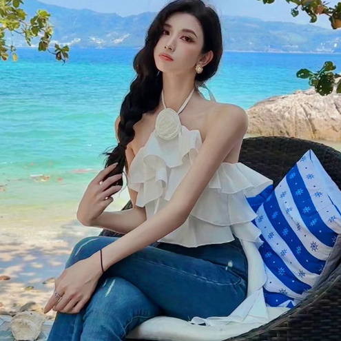 Áo Voan Hai Dây Hở Lưng Phối Bèo In Họa Tiết Hoa Quyến Rũ Dành Cho Nữ