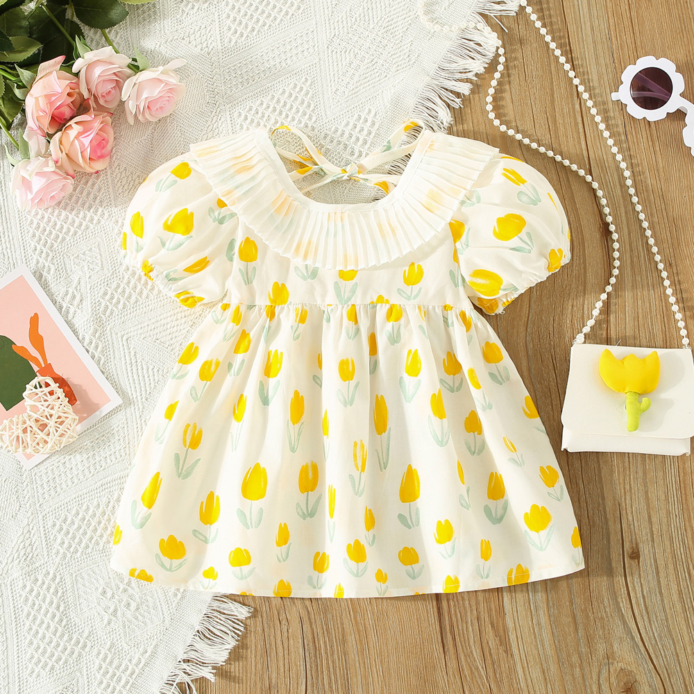 Set Áo Tay Ngắn Phồng Phong Cách Đơn Giản Mùa Hè Mới + Túi Xách Cho Bé Gái 0-3 Tuổi