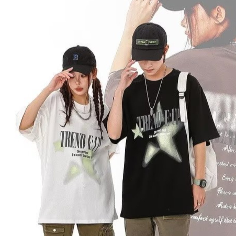 Áo Thun Tay Ngắn Cổ Tròn In Hình Ngôi Sao Năm Cánh Nhiều Màu Sắc Phong Cách Hồng Kông Cho Nam Size M-3XL