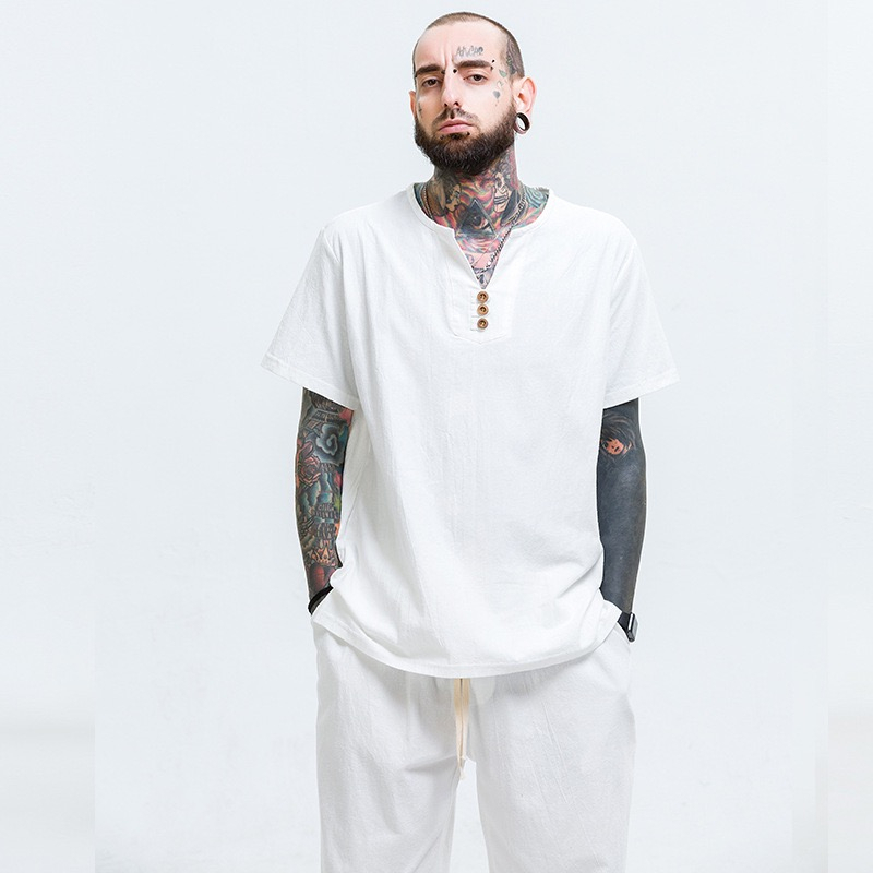 Áo Thun Cotton Lanh Ngắn Tay Cổ Chữ V Thời Trang Mùa Hè Cho Nam