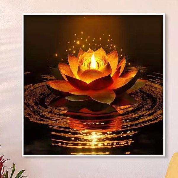 Bộ Tranh Thêu Chữ Thập Hình Hoa Sen Vàng Nở Kiểu Trung Hoa Cổ Điển