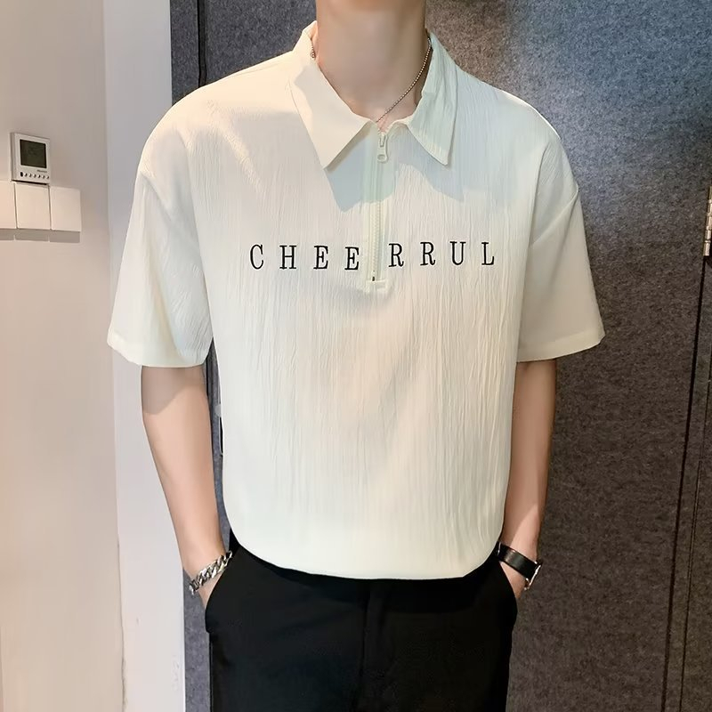 Comfortstyle Áo Sơ Mi Nam Tay Ngắn Nguyên Chất Màu Cổ Gập In Chữ Nửa Dây Kéo Trước Thun cxmin05.vn