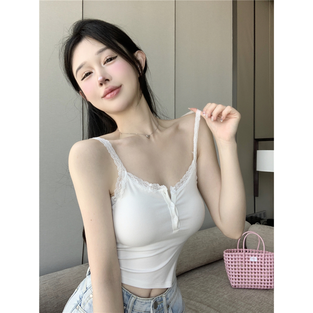 Minimalist Labo Áo Hai Dây Ôm Dáng Phối Ren Màu Trắng Thời Trang Mùa Hè Quyến Rũ Cho Nữ