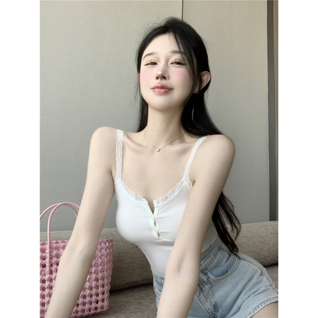 Minimalist Labo Áo Hai Dây Ôm Dáng Phối Ren Màu Trắng Thời Trang Mùa Hè Quyến Rũ Cho Nữ