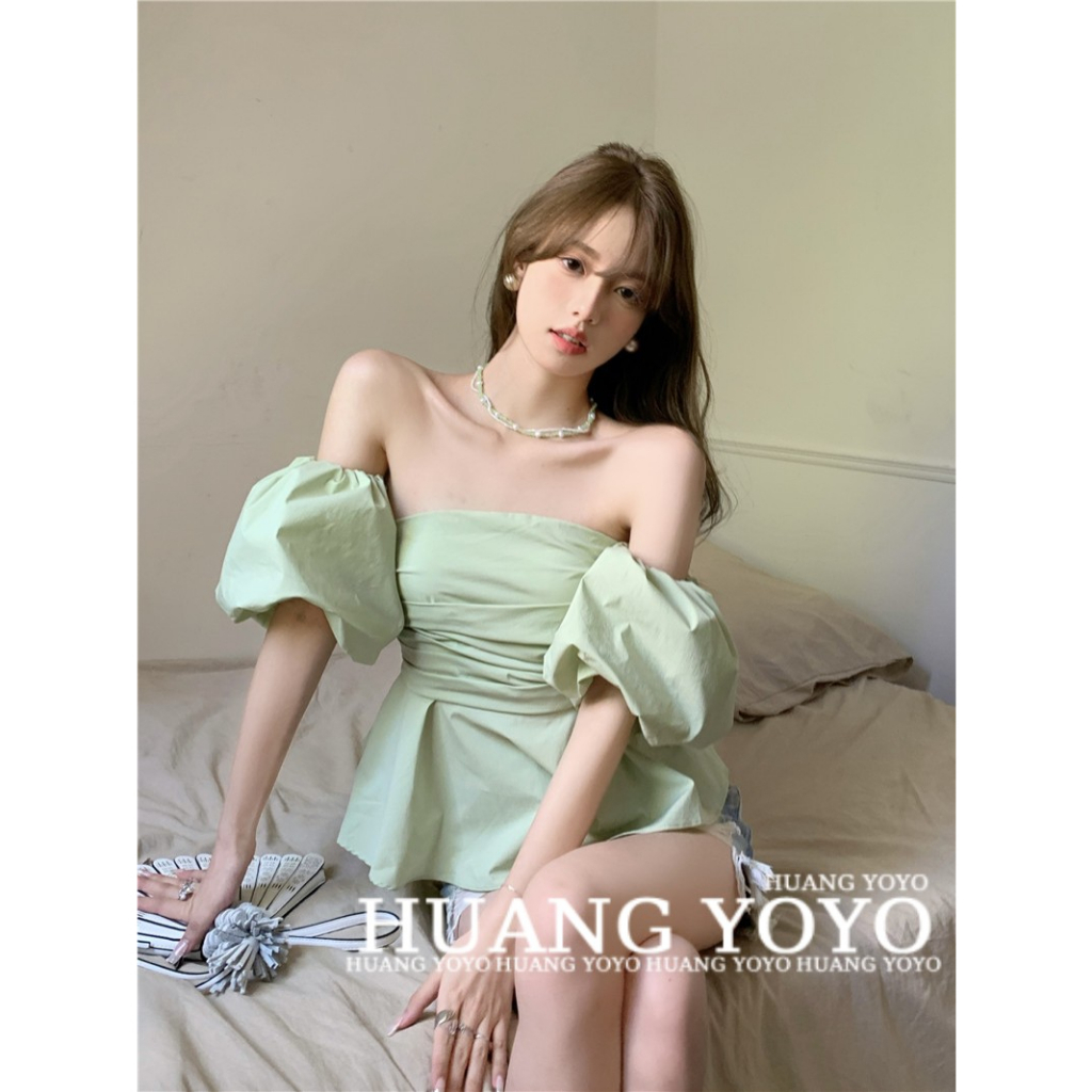 Áo Kiểu Trễ Vai Tay Phồng Ngắn Màu Sắc Trơn Thời Trang Mùa Hè Cho Nữ