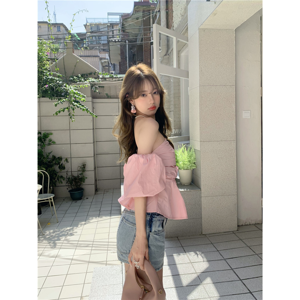 Áo Kiểu Trễ Vai Tay Phồng Ngắn Màu Sắc Trơn Thời Trang Mùa Hè Cho Nữ