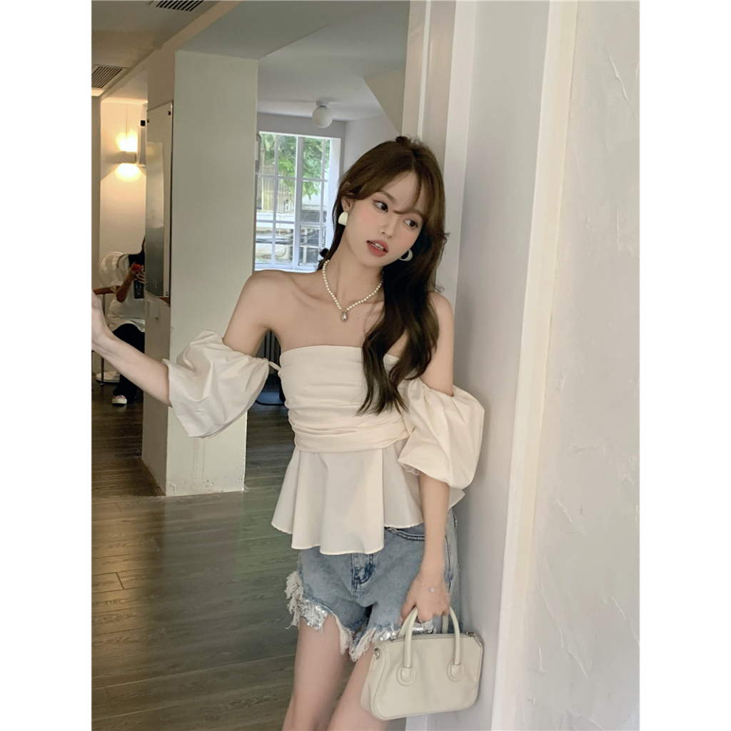 Áo Kiểu Trễ Vai Tay Phồng Ngắn Màu Sắc Trơn Thời Trang Mùa Hè Cho Nữ