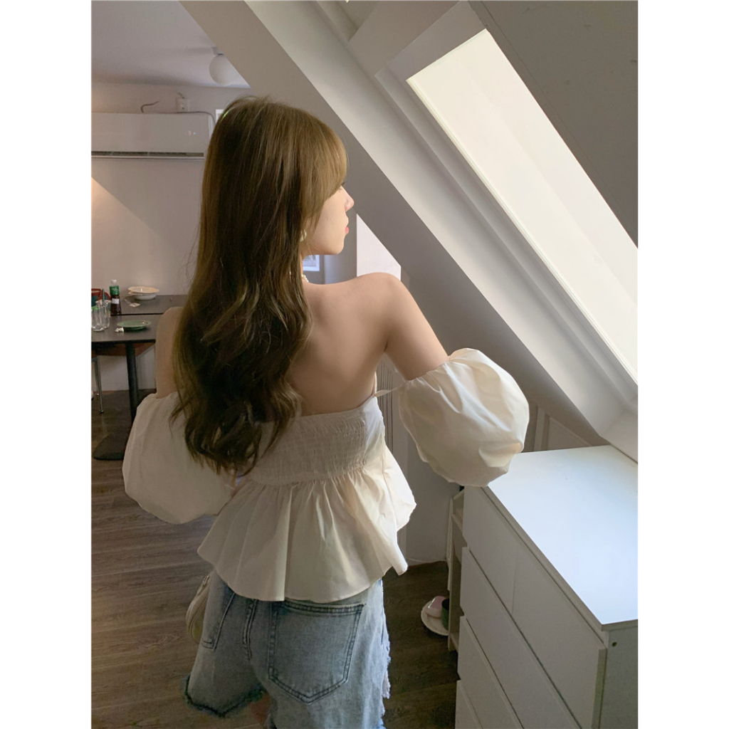 Áo Kiểu Trễ Vai Tay Phồng Ngắn Màu Sắc Trơn Thời Trang Mùa Hè Cho Nữ