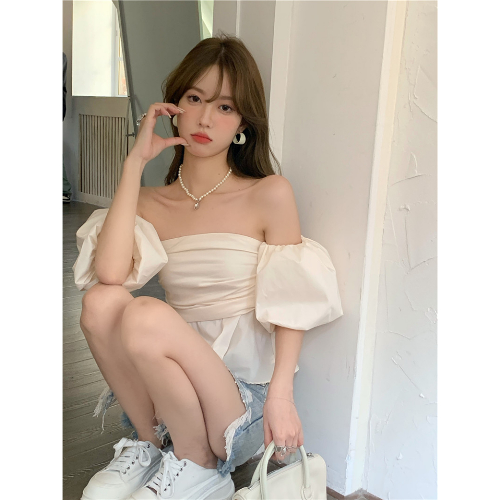 Áo Kiểu Trễ Vai Tay Phồng Ngắn Màu Sắc Trơn Thời Trang Mùa Hè Cho Nữ