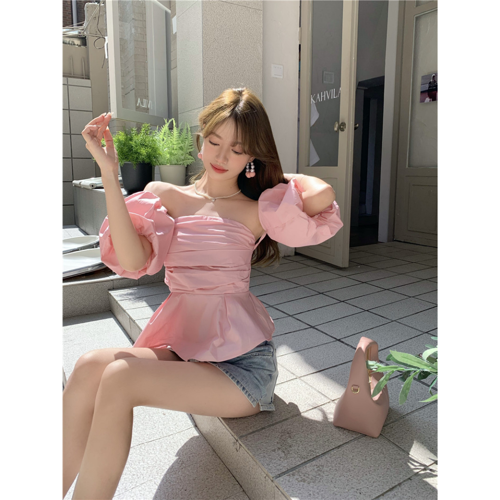 Áo Kiểu Trễ Vai Tay Phồng Ngắn Màu Sắc Trơn Thời Trang Mùa Hè Cho Nữ