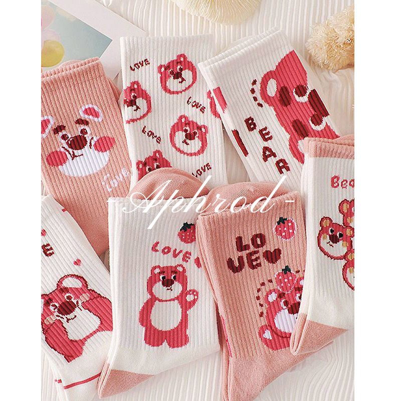 Aphrod Vớ Thể Thao Cổ Vừa In Họa Tiết Gấu Và Dâu Tây Dễ Thương Thời Trang Mùa Xuân Cho Nữ