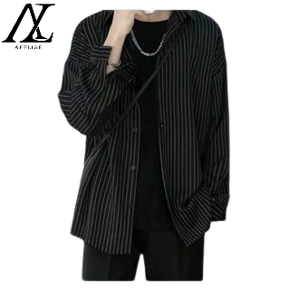 ♞AFF LIGA♞ Áo Khoác Sơ Mi Nam Dài Tay Kẻ Sọc Dáng Rộng Màu Đen Phong Cách Nhật Bản