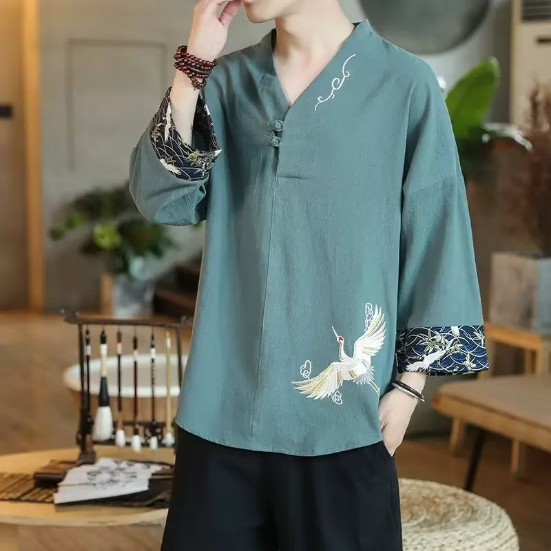 [M-3XL] Áo Khoác Cotton Lanh Ba Lỗ Dáng Rộng Thêu Hình Chim Hạc Phong Cách Trung Hoa Mùa Hè Cho Nam