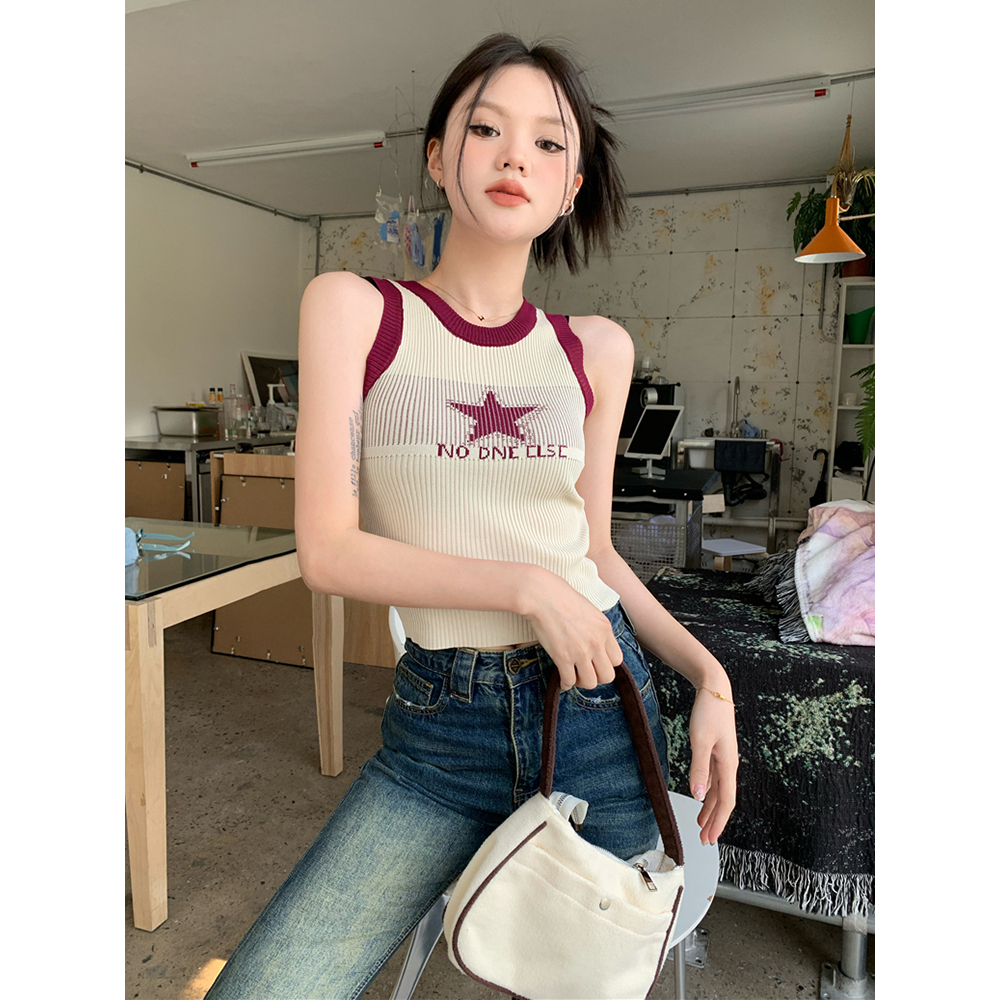 ZHELIHANGFEI Áo Sweater Mùa Hè Pháp Ngôi Sao Ngọt Ngào Không Tay Áo Hình Chữ I Nhỏ Nhắn Phong Cách Retro Cho Nữ