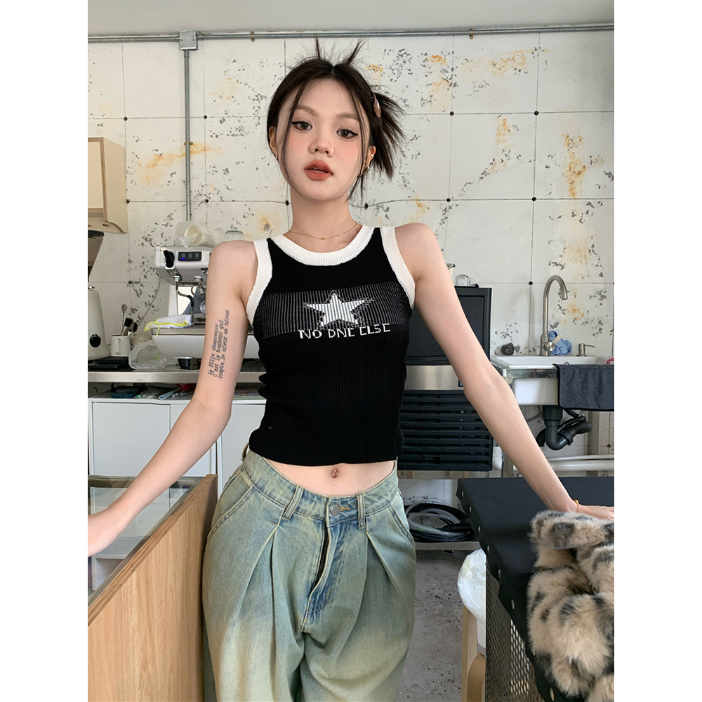 ZHELIHANGFEI Áo Sweater Mùa Hè Pháp Ngôi Sao Ngọt Ngào Không Tay Áo Hình Chữ I Nhỏ Nhắn Phong Cách Retro Cho Nữ