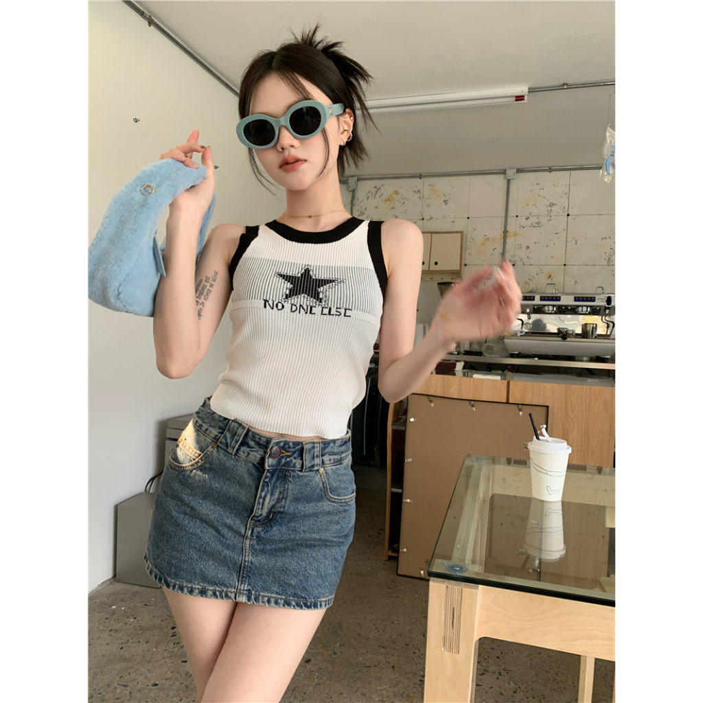 ZHELIHANGFEI Áo Sweater Mùa Hè Pháp Ngôi Sao Ngọt Ngào Không Tay Áo Hình Chữ I Nhỏ Nhắn Phong Cách Retro Cho Nữ