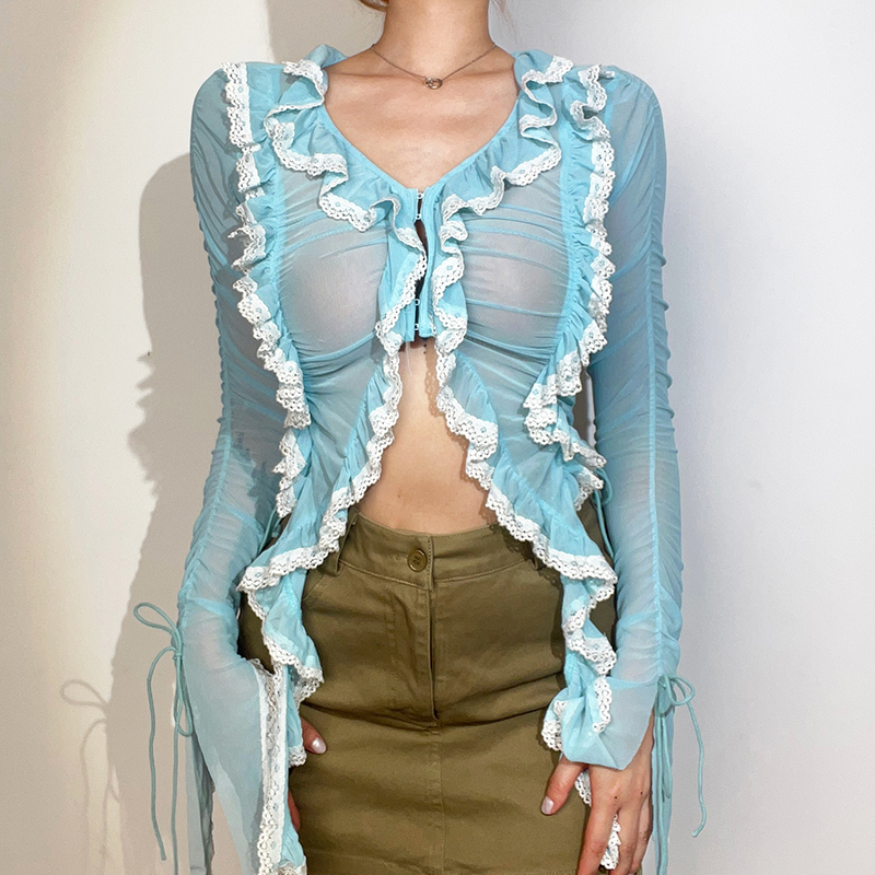 Áo Ren Mỏng Nhẹ Thoáng Khí Màu Xanh Dương Quyến Rũ Thời Trang Mùa Hè Cho Nữ