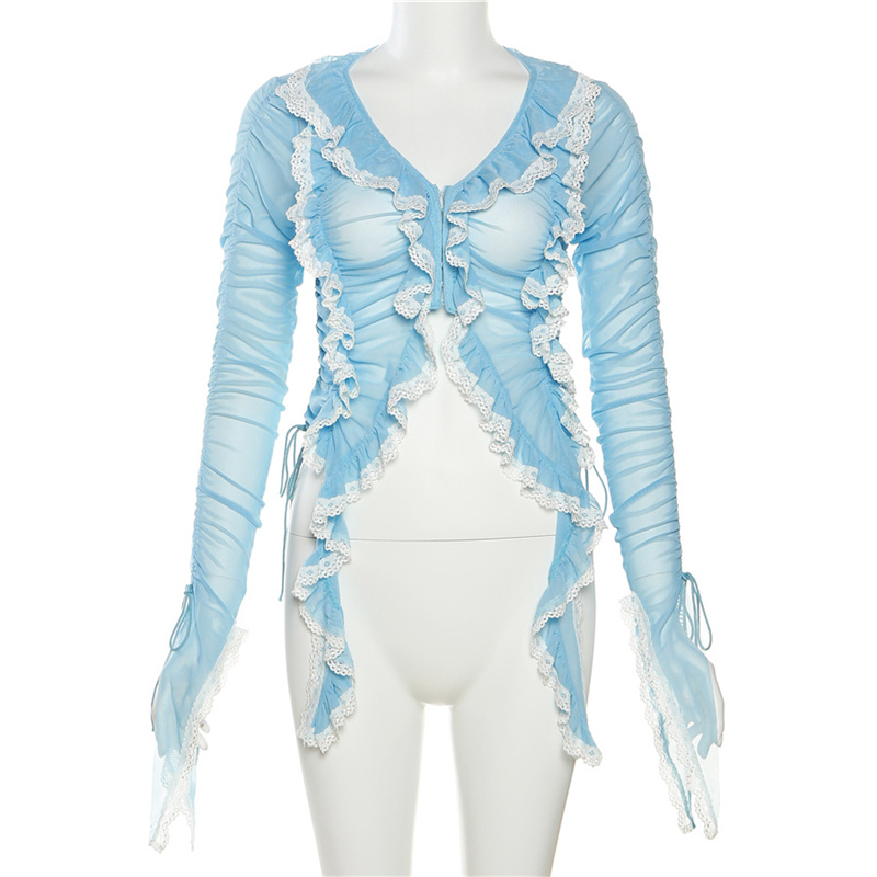 Áo Ren Mỏng Nhẹ Thoáng Khí Màu Xanh Dương Quyến Rũ Thời Trang Mùa Hè Cho Nữ