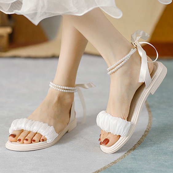 Giày Sandal Gót Thấp Đính Nơ Phối Ren Và Ngọc Trai Thời Trang Mùa Hè Cho Nữ