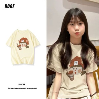 Áo thun RDGF 100% cotton dáng suông tay ngắn in họa tiết hoạt hình thời trang mùa hè cho nữ