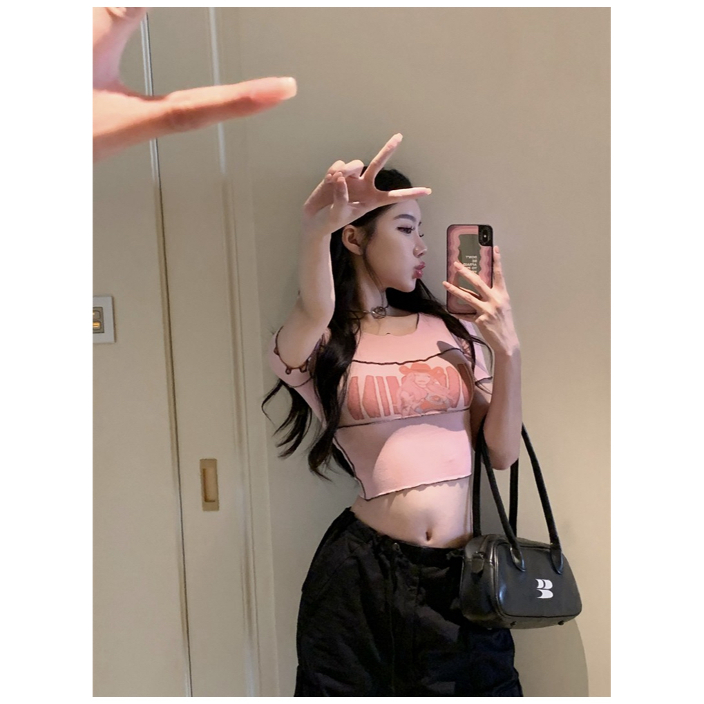 Cocory vn Áo Croptop Tay Ngắn Dáng Ôm In Chữ Thời Trang Quyến Rũ Cho Nữ